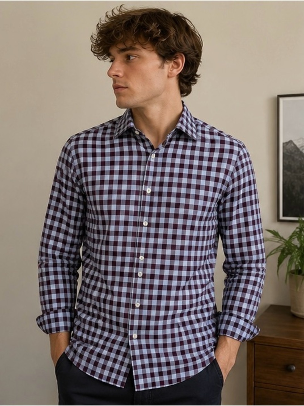 Ben Sherman Tailoring Slim Fit Blue Purple Gingham Button Down Shirt 15 32/33